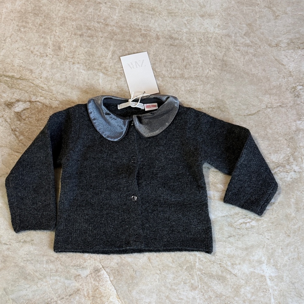 Zara Charcoal Knit Cardigan with Velvet Peter Pan Collar